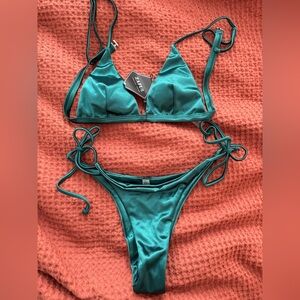 Zaful Teal Shiny Triangle Bikini Set - Teal